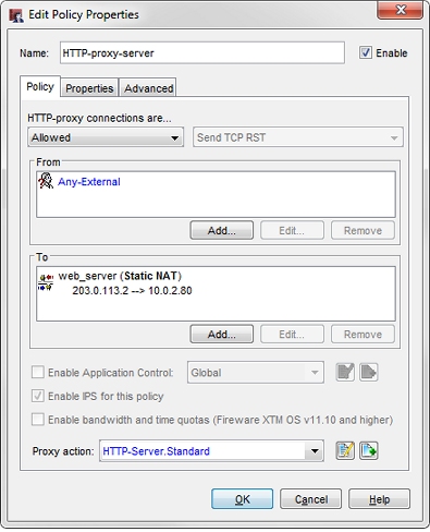 Captura de pantalla de la configuración de la política del Servidor Proxy HTTP